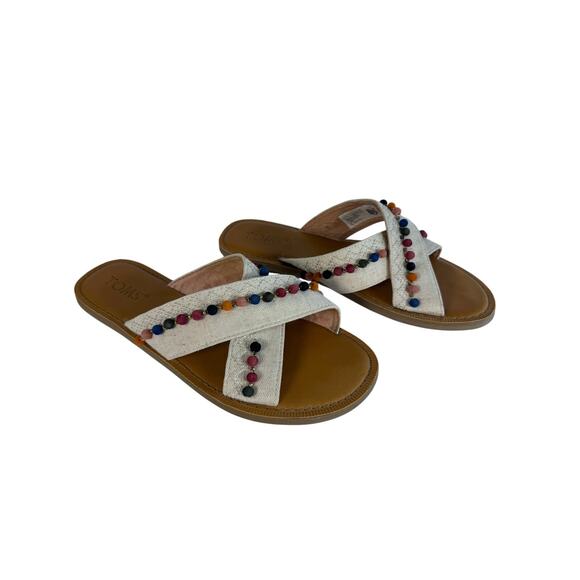 TOMS Canvas Slides Size 6 Colorful Pom Pom Detail Sandals - Picture 3 of 7